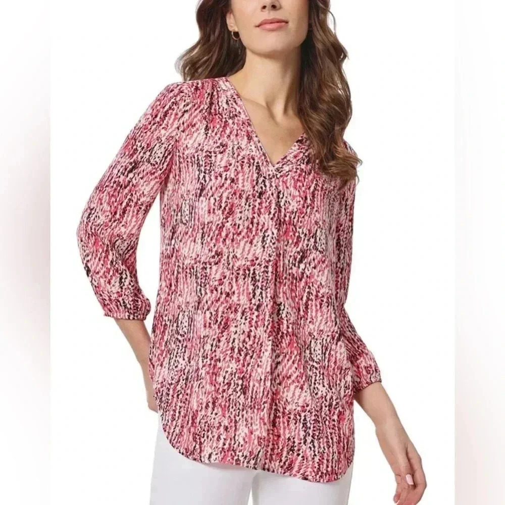 Jones New York Women’s Pleated V-Neck All Over Abstract Top Multi Colored XS NWT